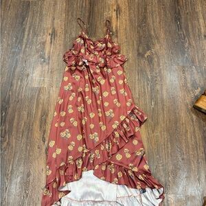 Brown silky dress with yellow roses